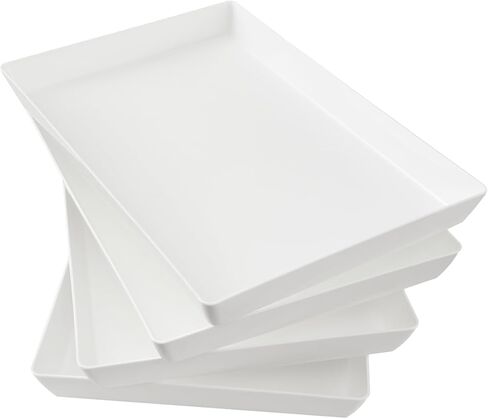 US Acrylic White Plastic Serving Trays (Set of 4) 15" x 10" | Large Unbreakable Reusable Rectangular Party Platters | Serve Appetizers, Fruit, Veggies, & Desserts | BPA-Free & Made in USA in Kuwait
