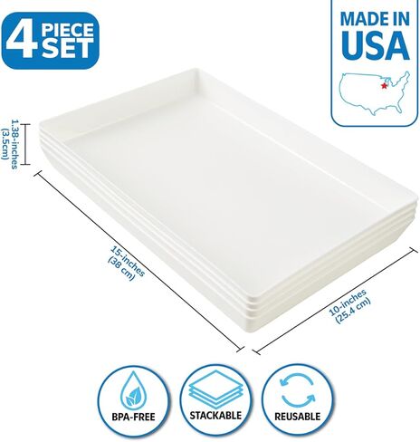 US Acrylic White Plastic Serving Trays (Set of 4) 15" x 10" | Large Unbreakable Reusable Rectangular Party Platters | Serve Appetizers, Fruit, Veggies, & Desserts | BPA-Free & Made in USA in Kuwait