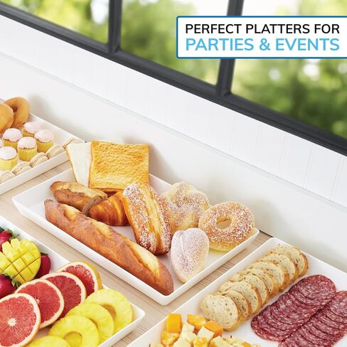 US Acrylic White Plastic Serving Trays (Set of 4) 15" x 10" | Large Unbreakable Reusable Rectangular Party Platters | Serve Appetizers, Fruit, Veggies, & Desserts | BPA-Free & Made in USA in Kuwait