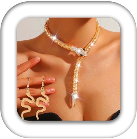 مجموعة مجوهرات فاشي ثعبان قلادة ذهبية وأقراط زي ثعبان ميدوسا إكسسوارات هولوين للنساء in Kuwait