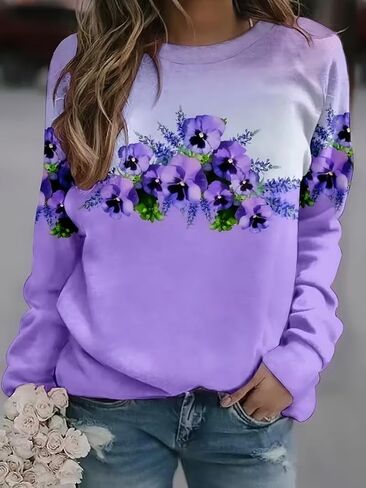 Women's Floral Printed Casual Sweatshirt Crew Neck Long Sleeve Pullover Tops Sweaters Fall Winter Fashion Clothing in Saudi Arabia