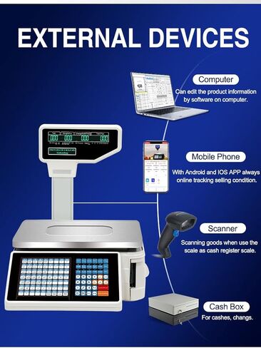Digital Barcode Weighing Scale with Label Printing, Dual Display, 63 Shortcut Keys - Commercial Cash Register for Supermarket/Retail Store/Warehouse in Saudi Arabia