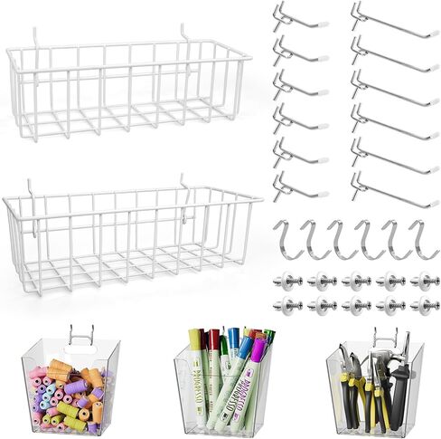منظمات خطافات Pegboard - سلال ألواح Pegboard شفافة، شماعات متعددة 33 حزمة - مجموعة منظم أدوات رفوف العرض لغرفة الحرف اليدوية، المكتب، غرفة العمل، المرآب (أبيض) in Kuwait