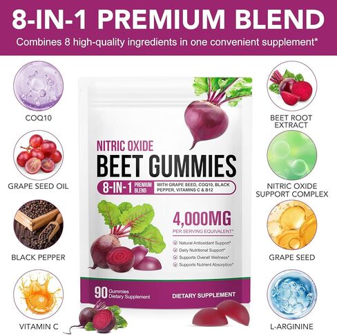 Super Beet Root Gummies, Beet root capsules for Blood Pressure, Heart Health, 8 in 1 Beetroot 4,000mg with Grape Seed Extract & CoQ10, 90 Count, Healthy Energy Supplement with Elite Ingredients in Kuwait