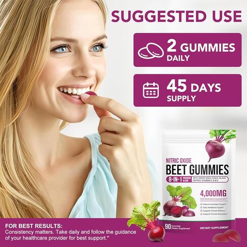 Super Beet Root Gummies, Beet root capsules for Blood Pressure, Heart Health, 8 in 1 Beetroot 4,000mg with Grape Seed Extract & CoQ10, 90 Count, Healthy Energy Supplement with Elite Ingredients in Kuwait