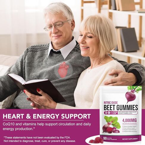 Super Beet Root Gummies, Beet root capsules for Blood Pressure, Heart Health, 8 in 1 Beetroot 4,000mg with Grape Seed Extract & CoQ10, 90 Count, Healthy Energy Supplement with Elite Ingredients in Kuwait