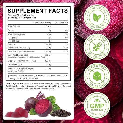 Super Beet Root Gummies, Beet root capsules for Blood Pressure, Heart Health, 8 in 1 Beetroot 4,000mg with Grape Seed Extract & CoQ10, 90 Count, Healthy Energy Supplement with Elite Ingredients in Kuwait