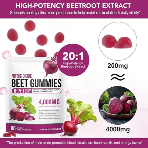 Super Beet Root Gummies, Beet root capsules for Blood Pressure, Heart Health, 8 in 1 Beetroot 4,000mg with Grape Seed Extract & CoQ10, 90 Count, Healthy Energy Supplement with Elite Ingredients in Kuwait