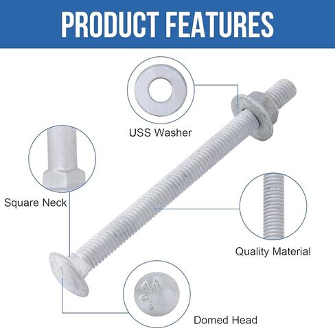 1/2" x 10" Carriage Bolts (25 PCS), Hot Dip Galvanized, Heavy Duty Round Head with Washers and Nuts in Kuwait