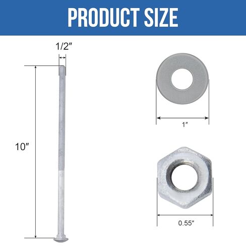 1/2" x 10" Carriage Bolts (25 PCS), Hot Dip Galvanized, Heavy Duty Round Head with Washers and Nuts in Kuwait