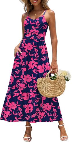 Zattcas Women's 2025 Summer Casual Floral Maxi Dress with Pockets Spaghetti Strap V Neck Empire Waist Beach Long Sundress in Kuwait