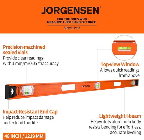 Jorgensen 48 Inch Level – I-Beam leveler tool with 3 Vials, 90°/180° Spirit Level Tool, Long Levels with Aluminum Frame, Shockproof Rubber End Caps, V-Groove for Construction, Carpentry, Pipe Work in Saudi Arabia
