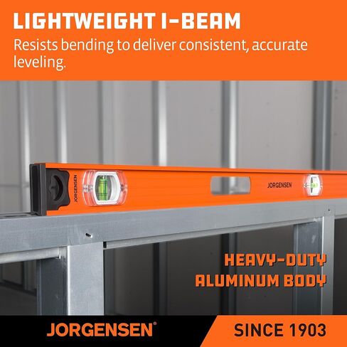 Jorgensen 48 Inch Level – I-Beam leveler tool with 3 Vials, 90°/180° Spirit Level Tool, Long Levels with Aluminum Frame, Shockproof Rubber End Caps, V-Groove for Construction, Carpentry, Pipe Work in Saudi Arabia