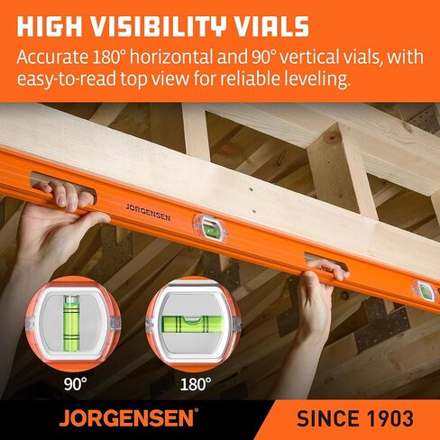Jorgensen 48 Inch Level – I-Beam leveler tool with 3 Vials, 90°/180° Spirit Level Tool, Long Levels with Aluminum Frame, Shockproof Rubber End Caps, V-Groove for Construction, Carpentry, Pipe Work in Saudi Arabia