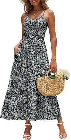 Zattcas Women's 2026 Summer Casual Floral Maxi Dress with Pockets Spaghetti Strap V Neck Empire Waist Beach Long Sundress in Saudi Arabia