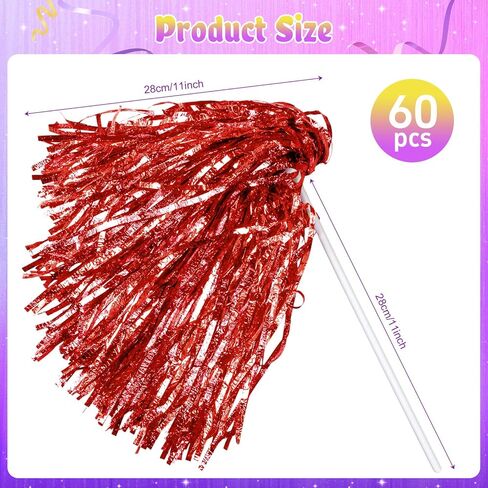 Suncalla 60 Pcs Cheerleading Pom Poms with Plastic Long Handles Bulk Cheering Metallic Foil Spirit Shakers for Sports Football Basketball Team Homecoming Squad Dance Celebration in Saudi Arabia