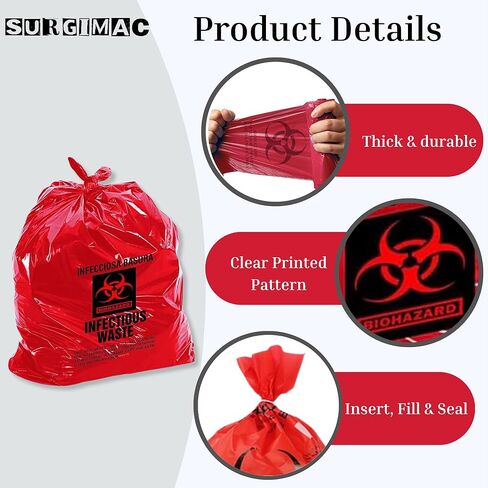 SurgiMac 10-15 Gallon Red Infectious Waste Bag - Heavy Duty 24x32 Inch, 1.25 Mil Thickness - Biohazard Disposal Bag for Medical, Laboratory, and Industrial Use | 250 Count in Saudi Arabia