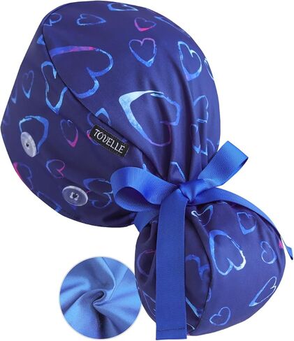 Scrub Caps Women Satin Lined Ponytail, Blue Heart Adjustable Scrub Hats Women with Buttons and Sweatbands, Practical Ponytail Holder Design with Bow Ribbon Soft Smooth in Saudi Arabia