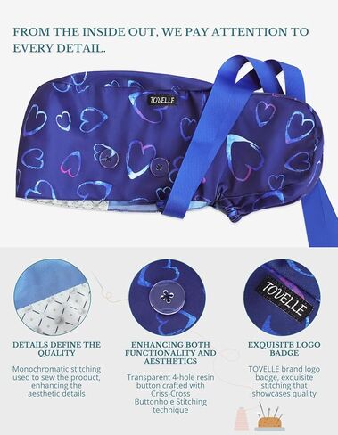 Scrub Caps Women Satin Lined Ponytail, Blue Heart Adjustable Scrub Hats Women with Buttons and Sweatbands, Practical Ponytail Holder Design with Bow Ribbon Soft Smooth in Saudi Arabia