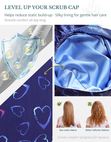Scrub Caps Women Satin Lined Ponytail, Blue Heart Adjustable Scrub Hats Women with Buttons and Sweatbands, Practical Ponytail Holder Design with Bow Ribbon Soft Smooth in Saudi Arabia