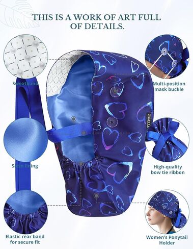 Scrub Caps Women Satin Lined Ponytail, Blue Heart Adjustable Scrub Hats Women with Buttons and Sweatbands, Practical Ponytail Holder Design with Bow Ribbon Soft Smooth in Saudi Arabia