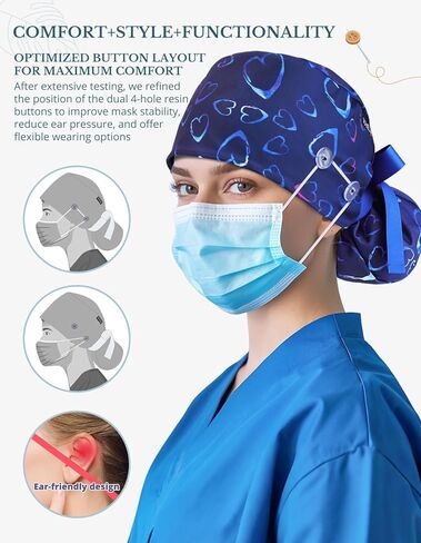 Scrub Caps Women Satin Lined Ponytail, Blue Heart Adjustable Scrub Hats Women with Buttons and Sweatbands, Practical Ponytail Holder Design with Bow Ribbon Soft Smooth in Saudi Arabia