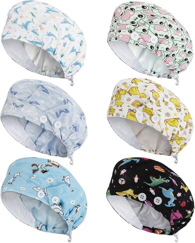 6 Pcs Satin Lined Scrub Caps Women Nurse Surgical Hat with Buttons Adjustable Working Cap Bouffant Nursing Hats in Saudi Arabia
