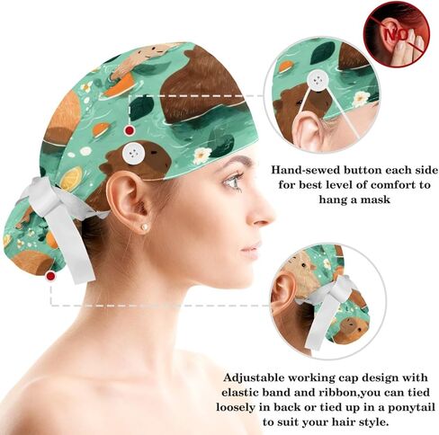 Surgical Caps for Women, Scrub Caps Women, Lovely Cartoon Animals, Bouffant Nurse Cap Ponytail in Saudi Arabia