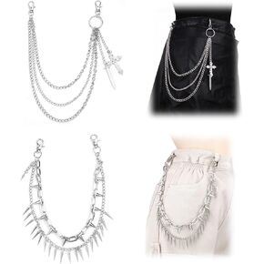 2 حزمة من سلاسل الجينز للرجال، سلاسل المحفظة مع سحر السيف المتقاطع وتصميم برشام، سلاسل السراويل الشرير لنمط الهيب هوب والروك، إكسسوارات الملابس المعدنية العتيقة in Kuwait