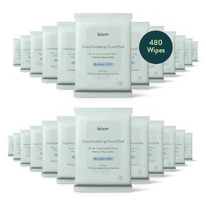 Biom Hand Sanitizing Wipes - Travel Size 5 pack(100 Wipes) 65% Ethanol Alcohol, Kills 99.9% of Germs, Removes Dirt & Grime, Made of Plant-Based & Plastic Free Fibers, Hypoallergenic - Eucalyptus Chill in Kuwait