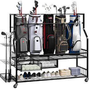 منظم جراج تخزين حقيبة الجولف، حامل متنقل 5 حقائب مناسب لحقيبة الجولف وملحقات المعدات، رف تخزين حقيبة الجولف مع عجلات للمرآب in Kuwait