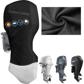 غطاء محرك خارجي، غطاء كامل لمحرك القارب 1200D مع بطانة قطنية ناعمة تناسب محرك 60-100 حصان، مقاوم للماء وشديد التحمل، غطاء محرك قارب مقاوم للرياح مع رباط مرن، سحاب، أسود رمادي in Kuwait