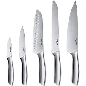 مجموعة سكاكين المطبخ الفضية من هيسيف مكونة من 5 قطع، شفرة بلمسة نهائية من الساتان مع مقبض مجوف، تتضمن 8 بوصات، و8 بوصات خبز، و8 بوصات سانتوكو، و5 بوصات، وسكين تقطيع 3.5 بوصات in Kuwait
