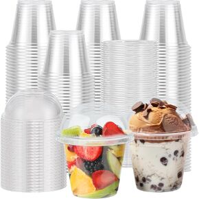 Lamosi 100 Pack 9 oz Clear Plastic Cups with Lids, Disposable Cups with Flat Lids No Hole, Ideal for Ice Cream, Cold Drinks, Fruit, Dessert, Yogurt Parfait in Saudi Arabia