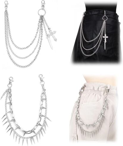 2 حزمة من سلاسل الجينز للرجال، سلاسل المحفظة مع سحر السيف المتقاطع وتصميم برشام، سلاسل السراويل الشرير لنمط الهيب هوب والروك، إكسسوارات الملابس المعدنية العتيقة in Kuwait