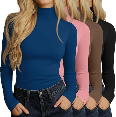 Huukeay 4 Packs Women's Mock Turtleneck Long Sleeve Shirts Cotton Slim Fit Undershirt Thermal Lightweight Base Layer Tops in Saudi Arabia