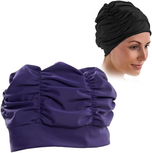 Women Earmuffs Pleated Cloth Swimming Cap(Purple) in Saudi Arabia