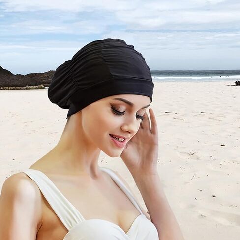 Women Earmuffs Pleated Cloth Swimming Cap(Purple) in Saudi Arabia