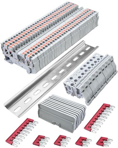 ST2-2.5/2x2 موصلات طرفية زنبركية مزدوجة DIN كتلة طرفية للسكك الحديدية، موصل أسلاك سلك بدون براغي من النوع PT مع 10 أغطية 10 توقفات نهائية 6 وصلات قفز 56 قطعة in Kuwait