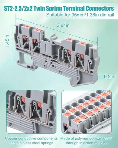 ST2-2.5/2x2 موصلات طرفية زنبركية مزدوجة DIN كتلة طرفية للسكك الحديدية، موصل أسلاك سلك بدون براغي من النوع PT مع 10 أغطية 10 توقفات نهائية 6 وصلات قفز 56 قطعة in Kuwait