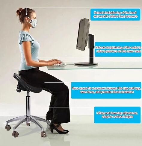 كرسي سرج مريح مع دعم للظهر، مقعد مقسم قابل للتعديل للاستخدام الطبي والمنزلي، دوران 360 درجة، خياران للإمالة، سعة 600 كجم (55 سم) in Kuwait