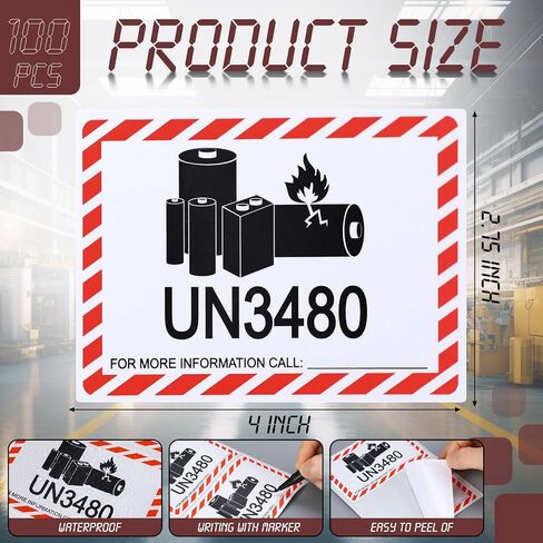 100 PCS UN3480 Caution Lithium Battery Labels - 4 x 2.75 Inch Lithium Ion Adhesive Safety Stickers for Shipping Smaller Packages Only in Saudi Arabia