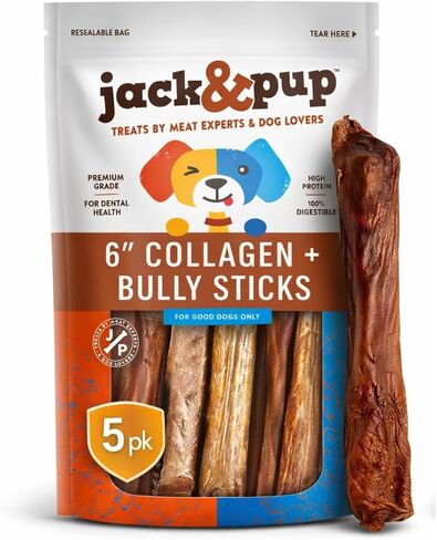 Jack&Pup 12" X-treme Bully Sticks for Large Dogs | Collagen + Pizzle Sticks for Dogs | 3X Longer Lasting for Aggressive Chewers (5 Count) in Saudi Arabia