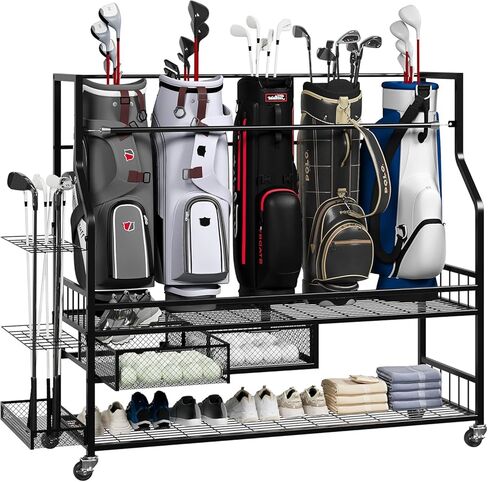 منظم جراج تخزين حقيبة الجولف، حامل متنقل 5 حقائب مناسب لحقيبة الجولف وملحقات المعدات، رف تخزين حقيبة الجولف مع عجلات للمرآب in Kuwait