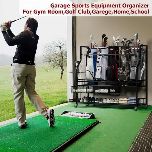 منظم جراج تخزين حقيبة الجولف، حامل متنقل 5 حقائب مناسب لحقيبة الجولف وملحقات المعدات، رف تخزين حقيبة الجولف مع عجلات للمرآب in Kuwait