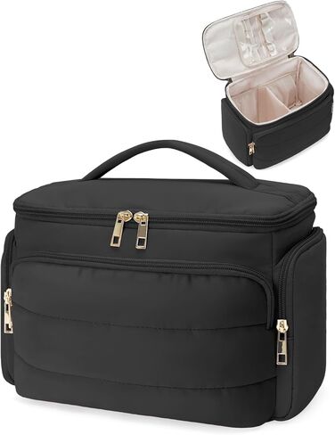 WANDF Travel Toiletry Bag for Women, Wide-open Large Makeup Bag with Handle, Puffy Makeup Organizer for Toiletries, Cosmetics, Accessories, Essentials (Black) in Saudi Arabia