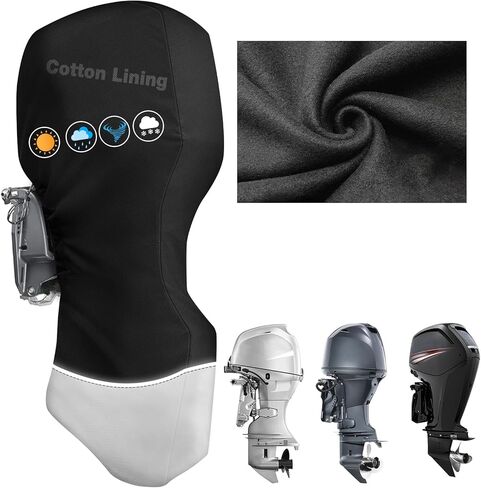 غطاء محرك خارجي، غطاء كامل لمحرك القارب 1200D مع بطانة قطنية ناعمة تناسب محرك 60-100 حصان، مقاوم للماء وشديد التحمل، غطاء محرك قارب مقاوم للرياح مع رباط مرن، سحاب، أسود رمادي in Kuwait