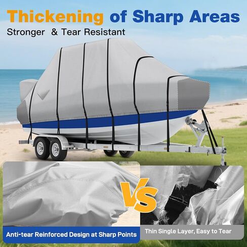 غطاء قارب T Top، غطاء قارب صلب مقاوم للماء عالي التحمل 1400D مع أبازيم معدنية وغطاء محرك لقارب وحدة التحكم المركزية مع سقف T TOP، يناسب 20'-22'L & 106 بوصة عرض، رمادي in Kuwait