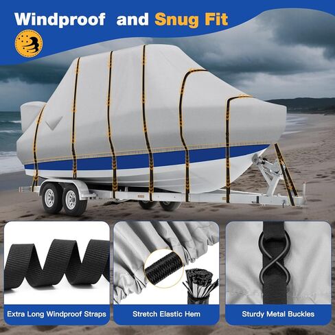 غطاء قارب T Top، غطاء قارب صلب مقاوم للماء عالي التحمل 1400D مع أبازيم معدنية وغطاء محرك لقارب وحدة التحكم المركزية مع سقف T TOP، يناسب 20'-22'L & 106 بوصة عرض، رمادي in Kuwait