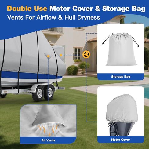 غطاء قارب T Top، غطاء قارب صلب مقاوم للماء عالي التحمل 1400D مع أبازيم معدنية وغطاء محرك لقارب وحدة التحكم المركزية مع سقف T TOP، يناسب 20'-22'L & 106 بوصة عرض، رمادي in Kuwait